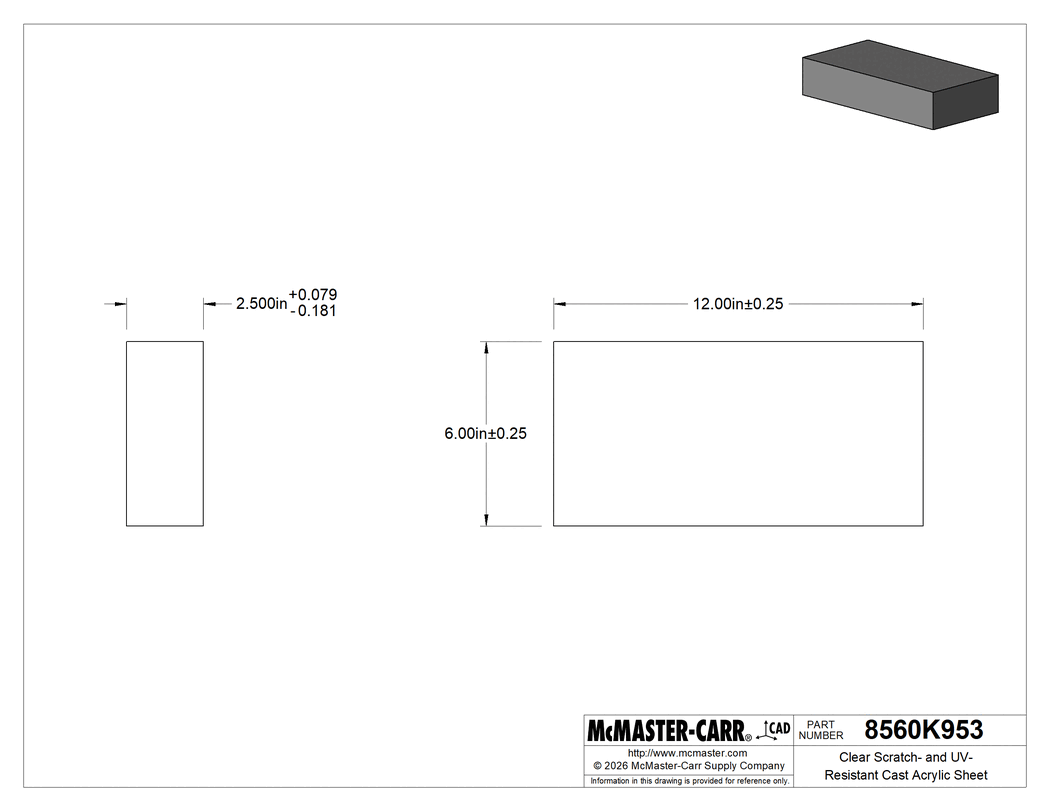 Technical Drawing of Clear Scratch- and UV-Resistant Cast Acrylic Sheet, 6" x 12" x 2-1/2".